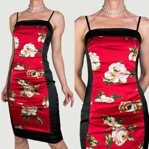 Cache silk satin floral bodycon slip dress midi slipdress ruched cocktail Y2K 2